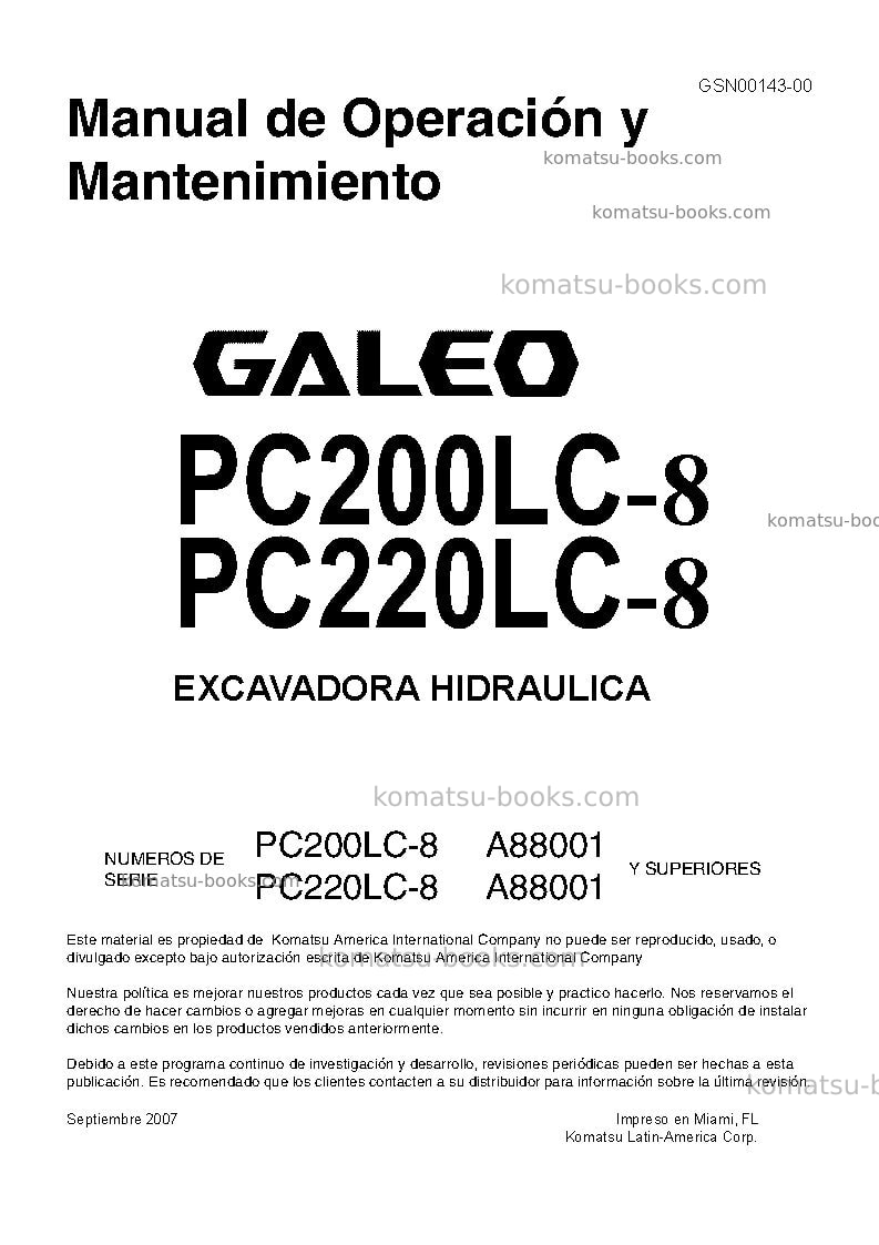Komatsu pc200lc-8usa Manual de operación cover