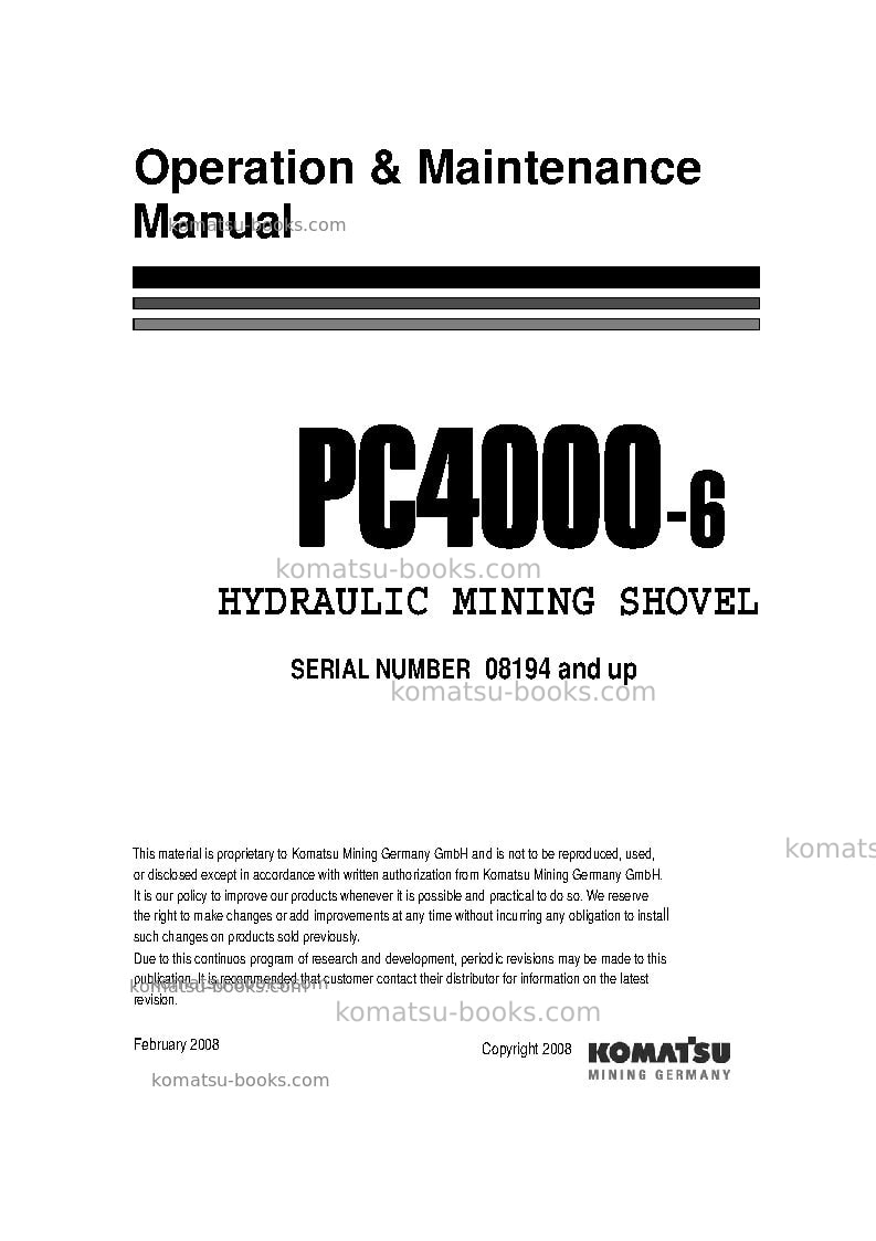 Komatsu pc4000-6deu Operation manual cover Komatsu pc4000-6deu Operation manual cover