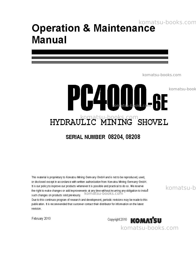 Komatsu pc4000-6deu-electric motor Operation manual cover Komatsu pc4000-6deu-electric motor Operation manual cover