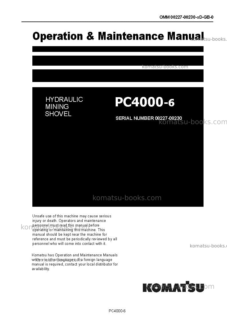 Komatsu pc4000-6deu Operation manual cover Komatsu pc4000-6deu Operation manual cover