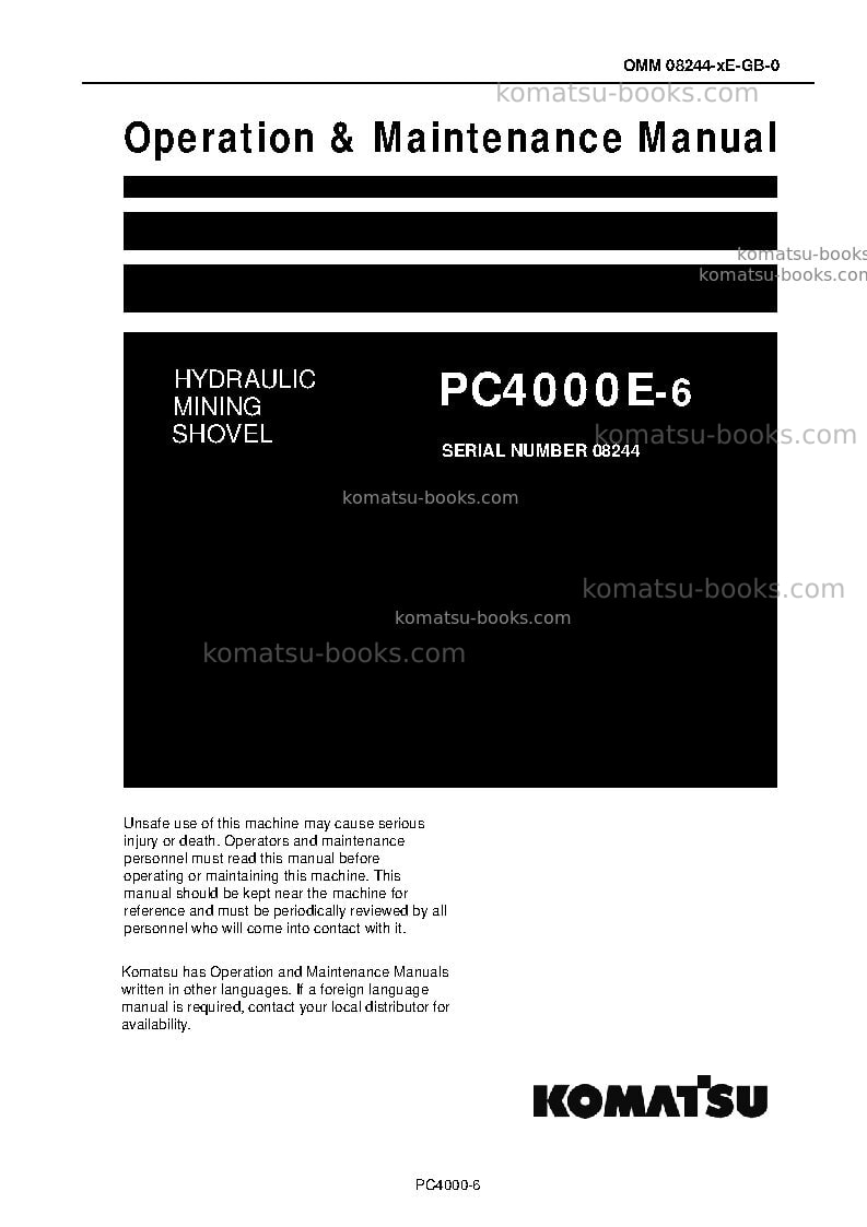 Komatsu pc4000e-6deu Operation manual cover Komatsu pc4000e-6deu Operation manual cover