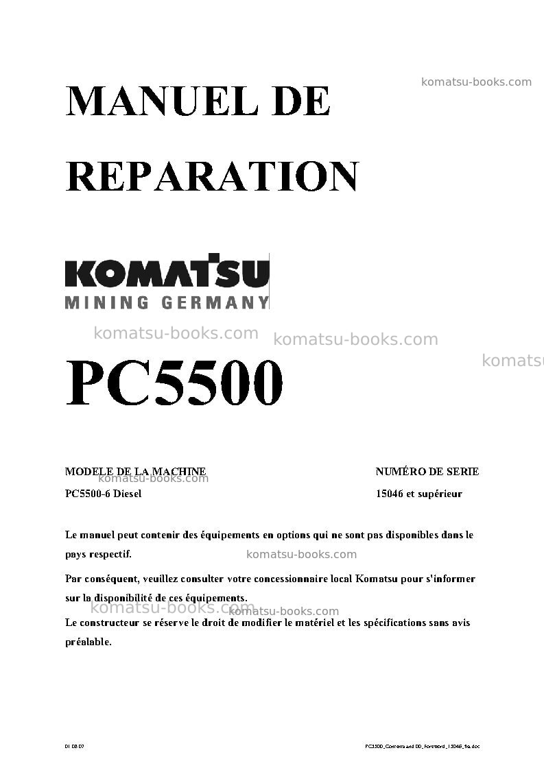 Komatsu pc5500-6deu Réparation et maintenance couverture Komatsu pc5500-6deu Réparation et maintenance couverture