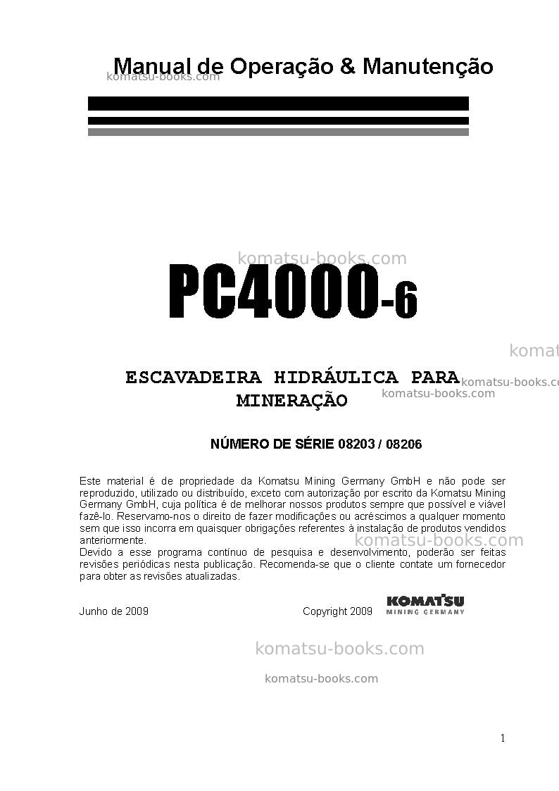 Komatsu pc4000-6deu-electric motor Manual de operação capa Komatsu pc4000-6deu-electric motor Manual de operação capa