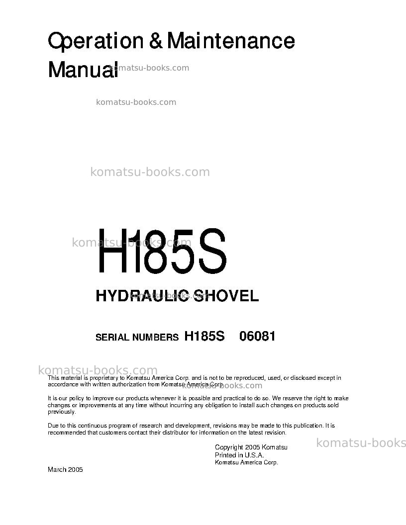 Komatsu h185sdeu Operation manual cover