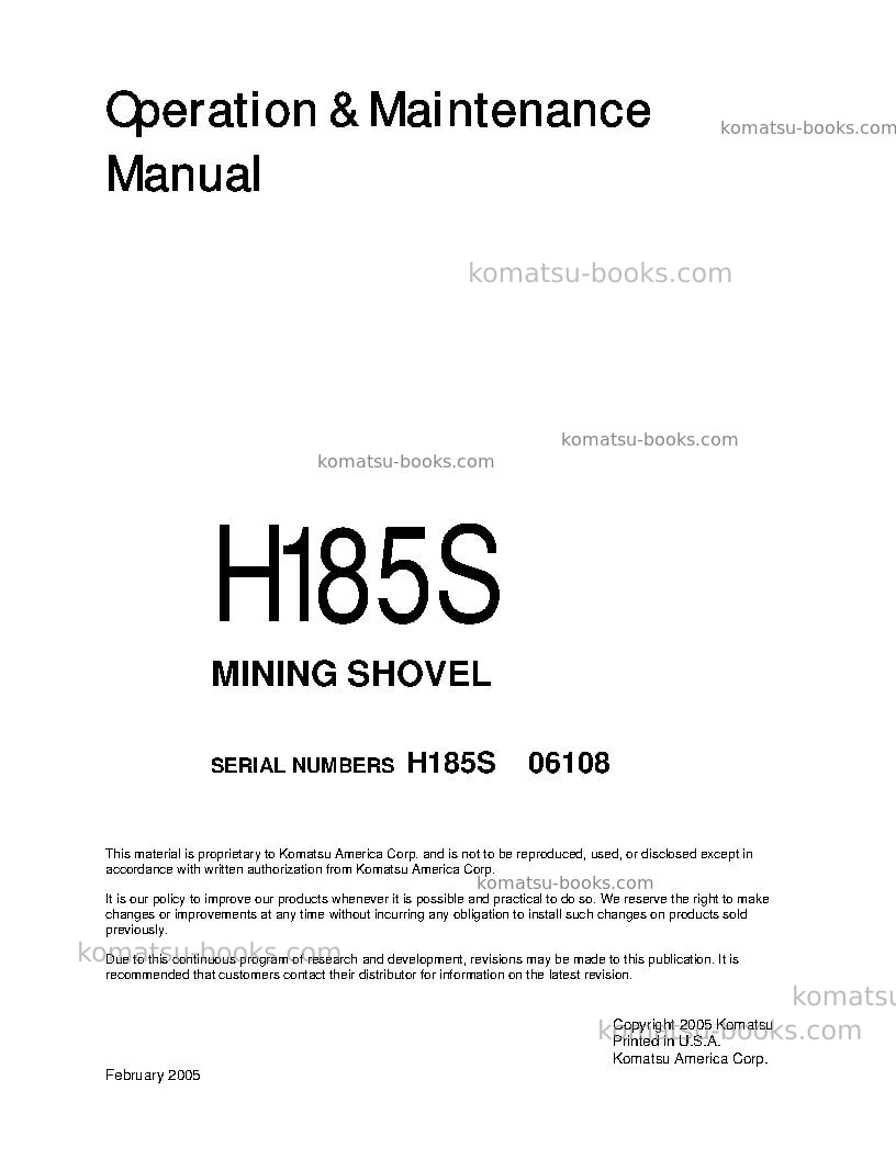 Komatsu h185sdeu Operation manual cover Komatsu h185sdeu Operation manual cover