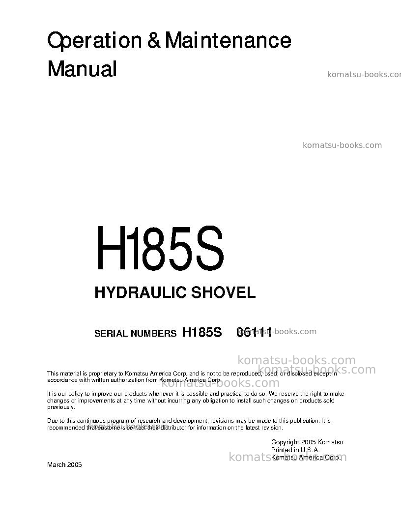 Komatsu h185sdeu Operation manual cover