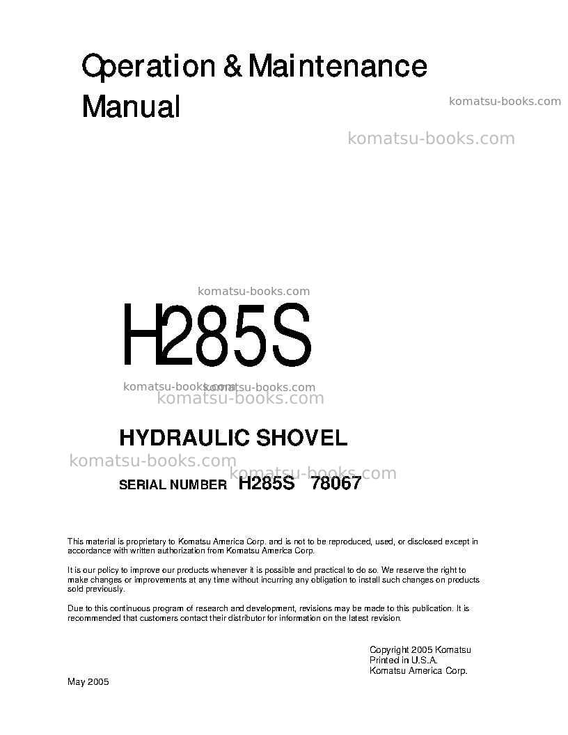 Komatsu h285sdeu Operation manual cover