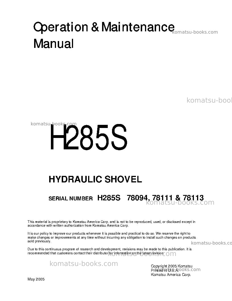 Komatsu h285sdeu Operation manual cover