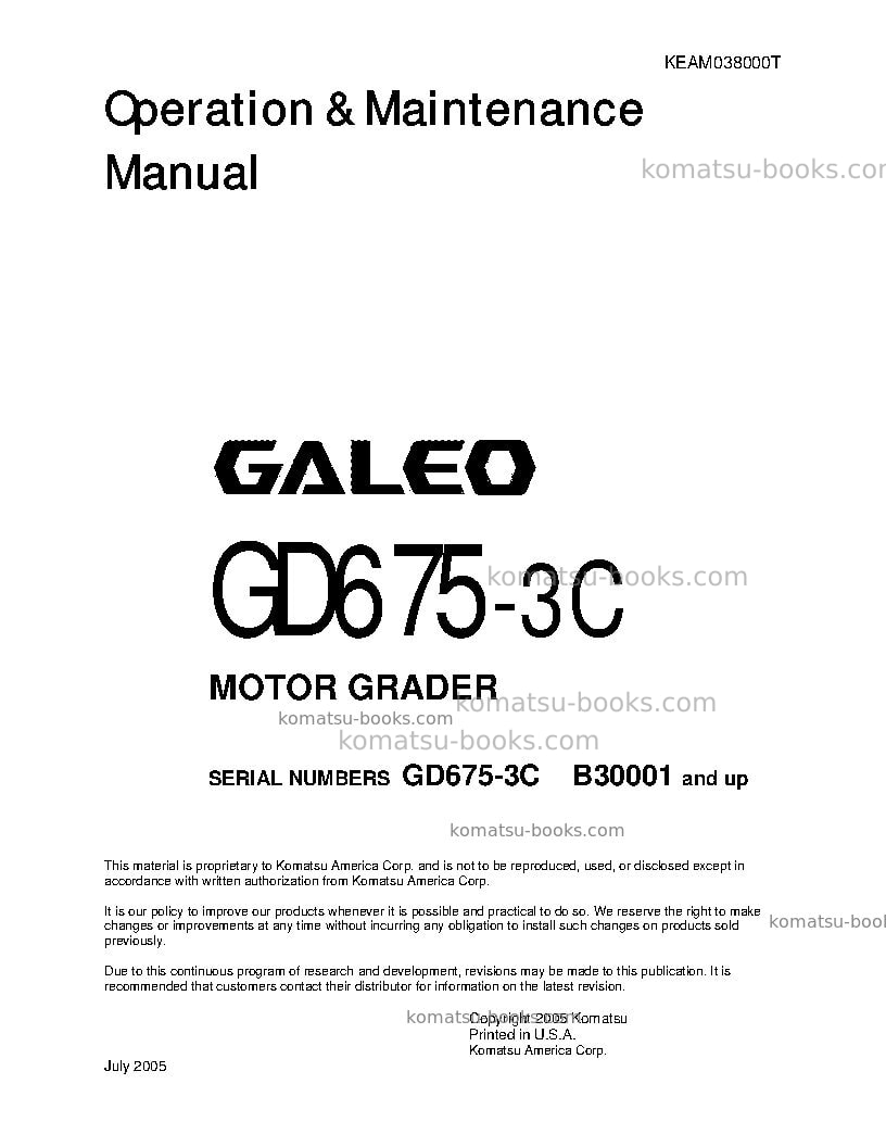 Komatsu gd675-3jpn-for n. america Operation manual cover