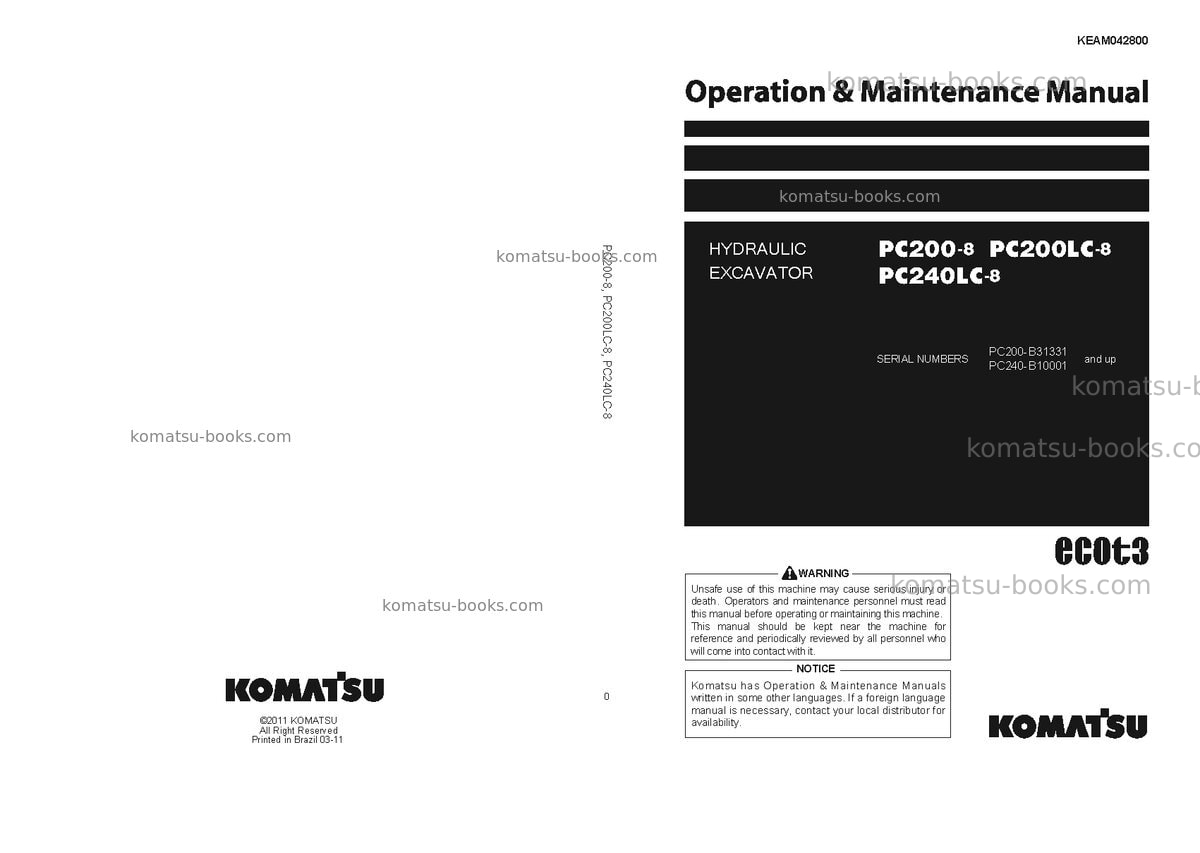 Komatsu pc240lc-8bra Operation manual cover Komatsu pc240lc-8bra Operation manual cover