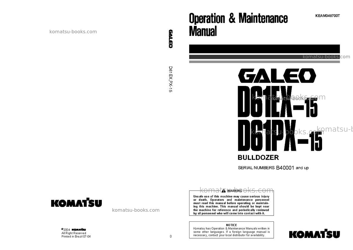 Komatsu d61ex-15bra Operation manual cover