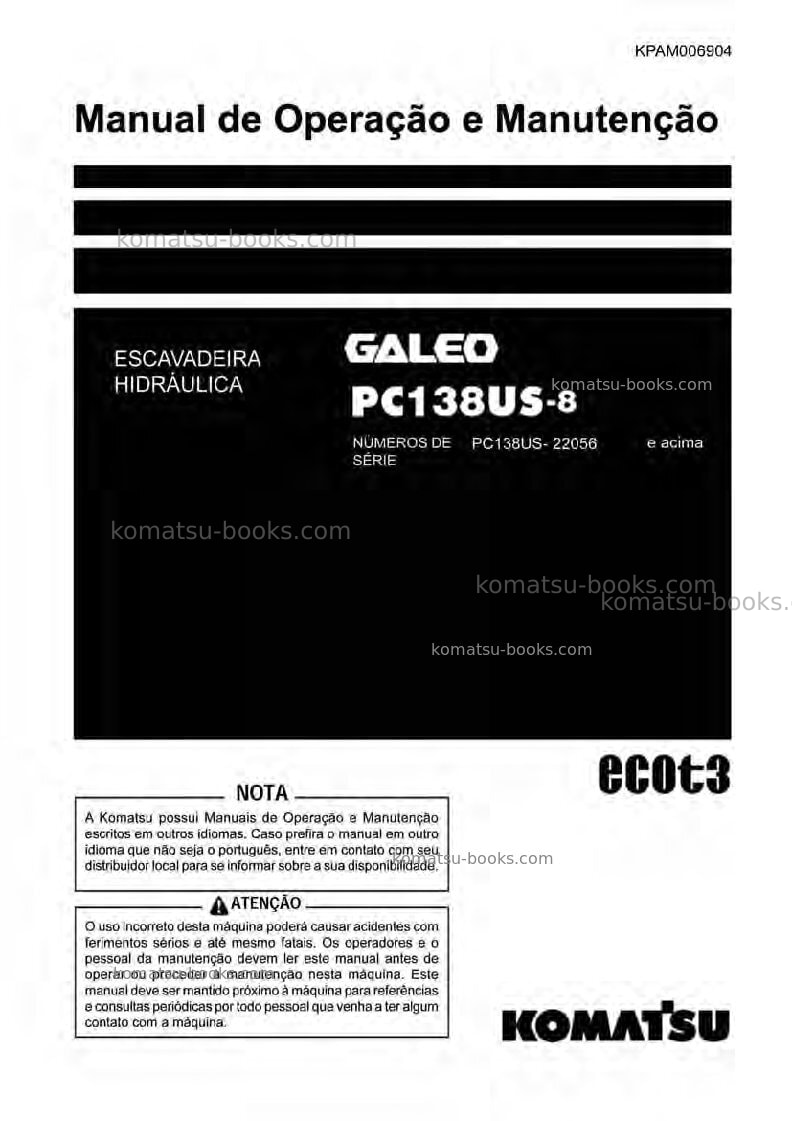 Komatsu pc138us-8gbr Manual de operação capa Komatsu pc138us-8gbr Manual de operação capa