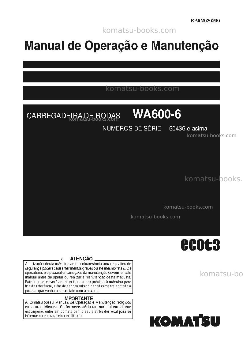 Komatsu wa600-6jpn Manual de operação capa Komatsu wa600-6jpn Manual de operação capa