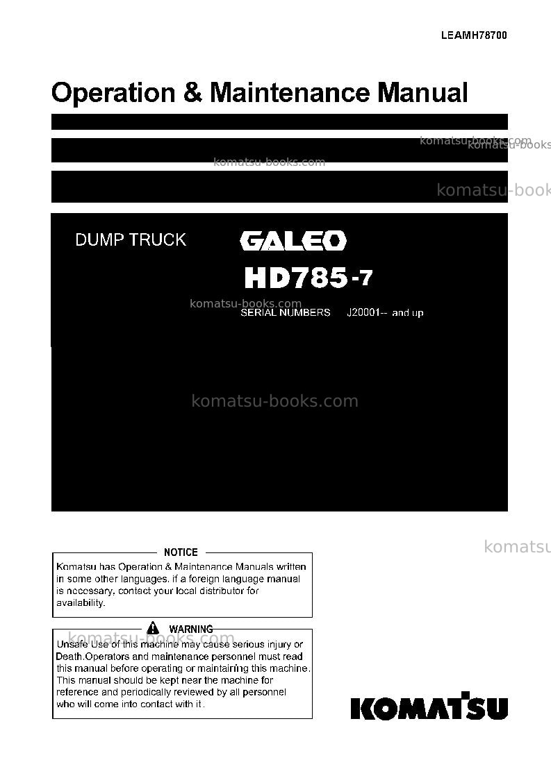 Komatsu hd785-7idn Operation manual cover
