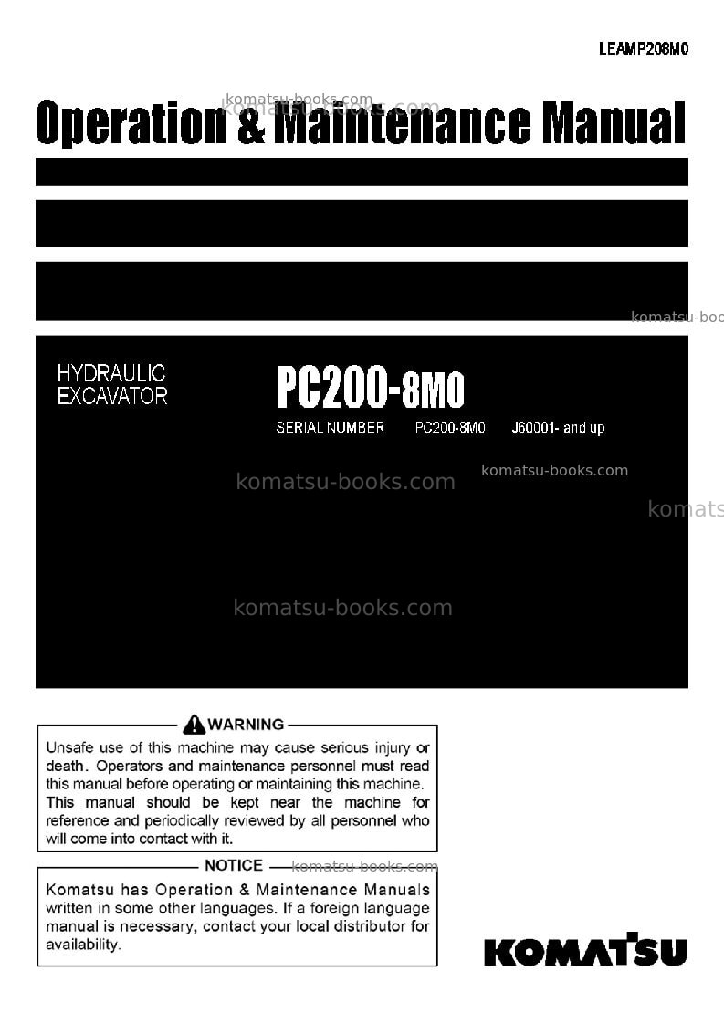 Komatsu pc200-8idn-m0 Operation manual cover Komatsu pc200-8idn-m0 Operation manual cover