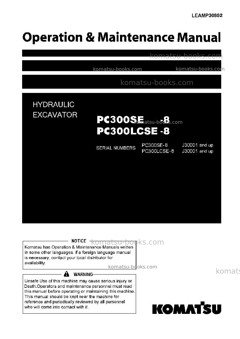 Komatsu pc300se-8idn Operation manual cover Komatsu pc300se-8idn Operation manual cover