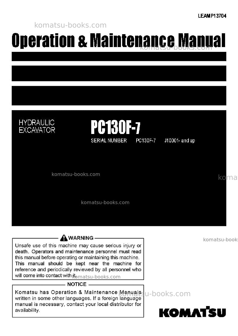 Komatsu pc130f-7idn Operation manual cover