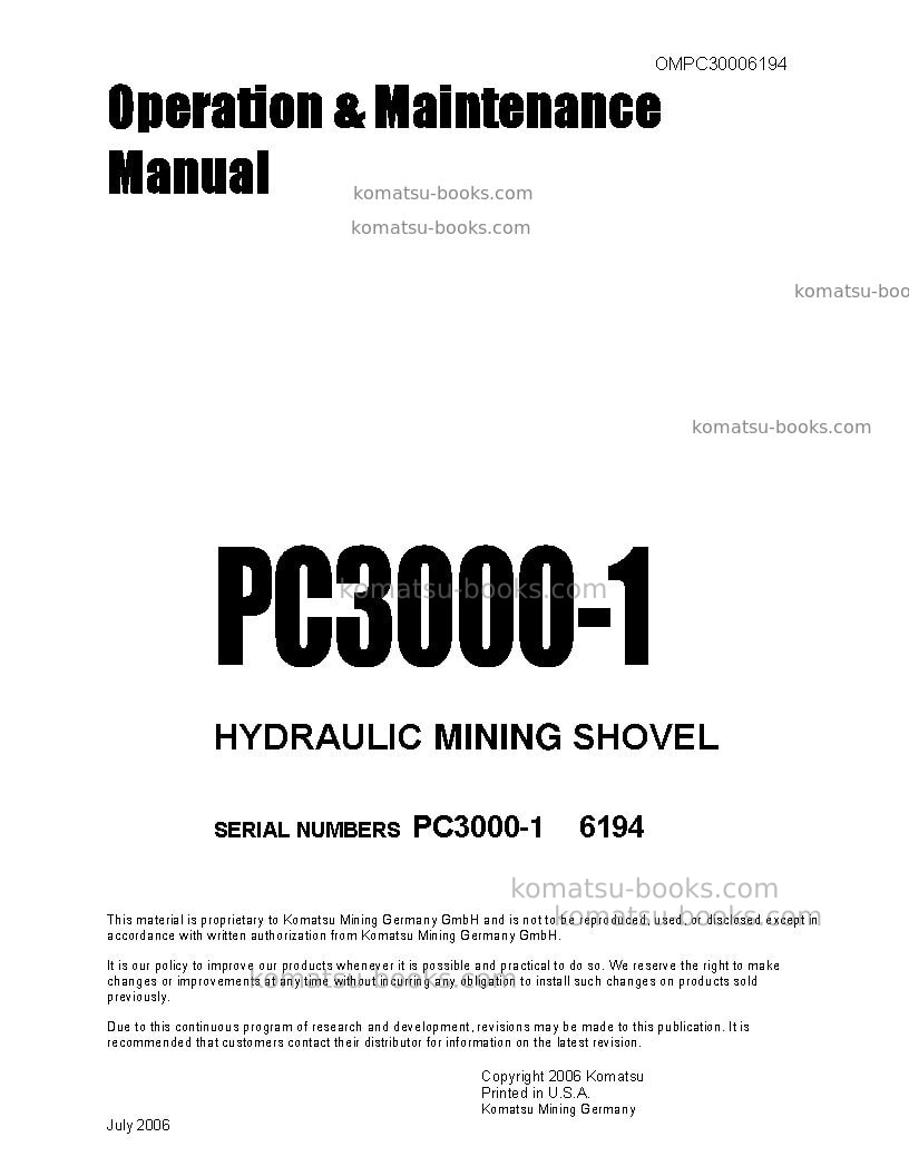 Komatsu pc3000-1deu Operation manual cover Komatsu pc3000-1deu Operation manual cover