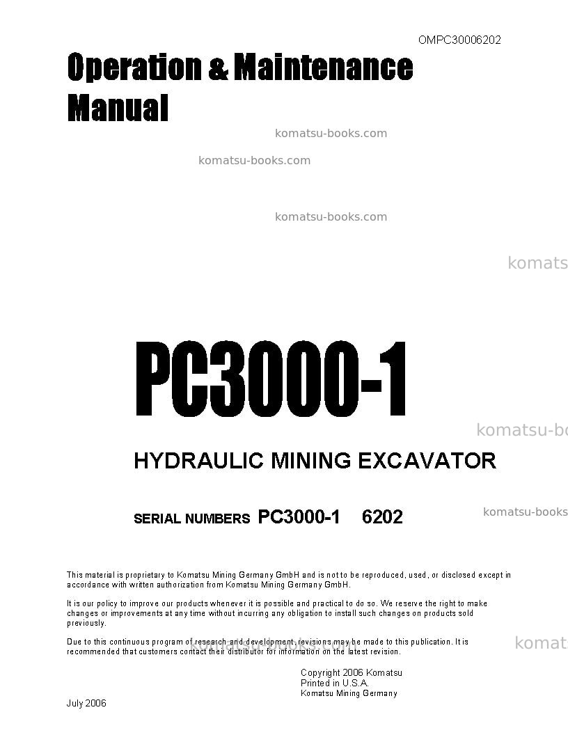 Komatsu pc3000-1deu-aqua digger Operation manual cover Komatsu pc3000-1deu-aqua digger Operation manual cover
