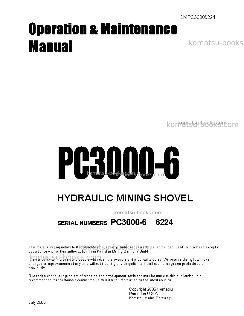 Komatsu pc3000-6deu Operation manual cover Komatsu pc3000-6deu Operation manual cover