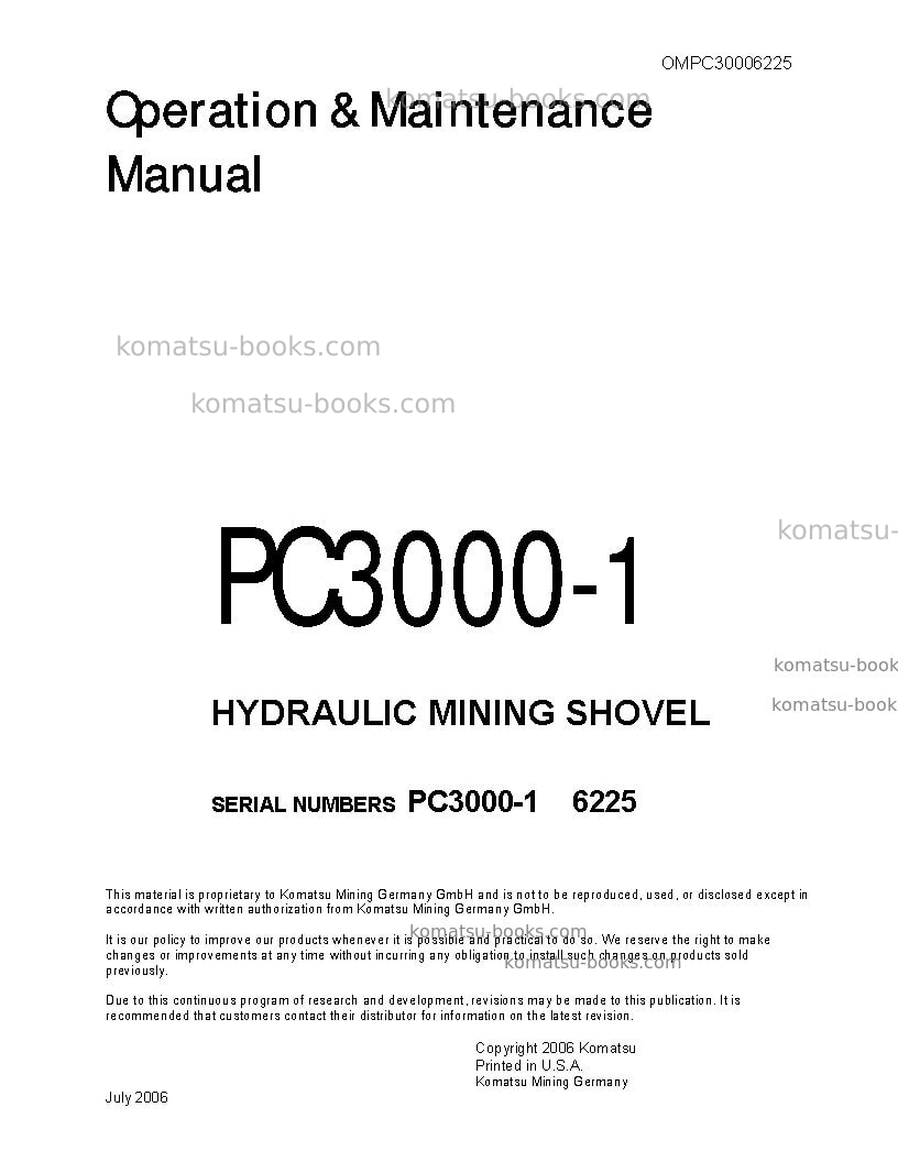 Komatsu pc3000-1deu Operation manual cover