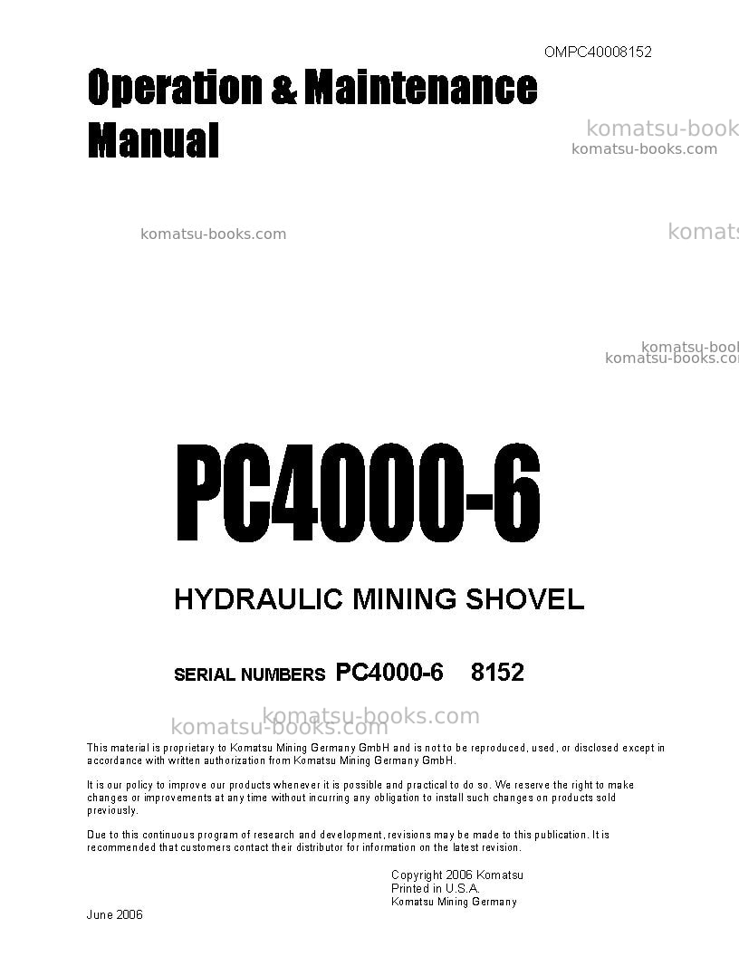 Komatsu pc4000-6deu Operation manual cover Komatsu pc4000-6deu Operation manual cover