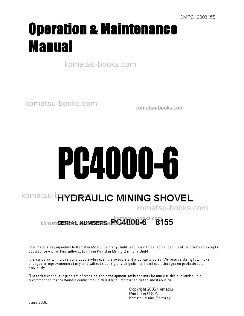 Komatsu pc4000-6deu Operation manual cover Komatsu pc4000-6deu Operation manual cover