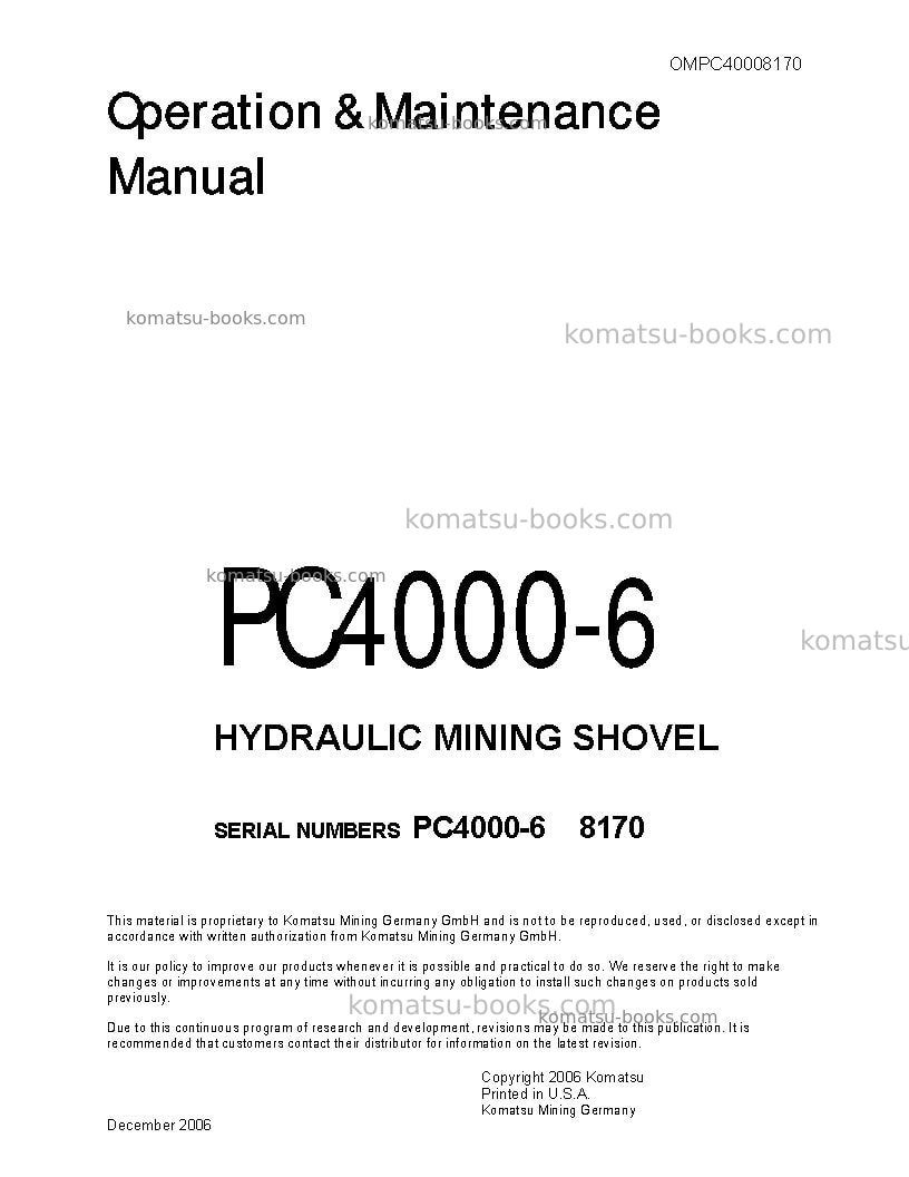 Komatsu pc4000-6deu Operation manual cover