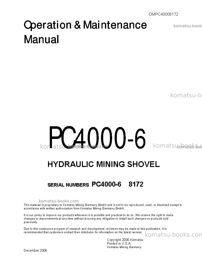 Komatsu pc4000-6deu Operation manual cover Komatsu pc4000-6deu Operation manual cover