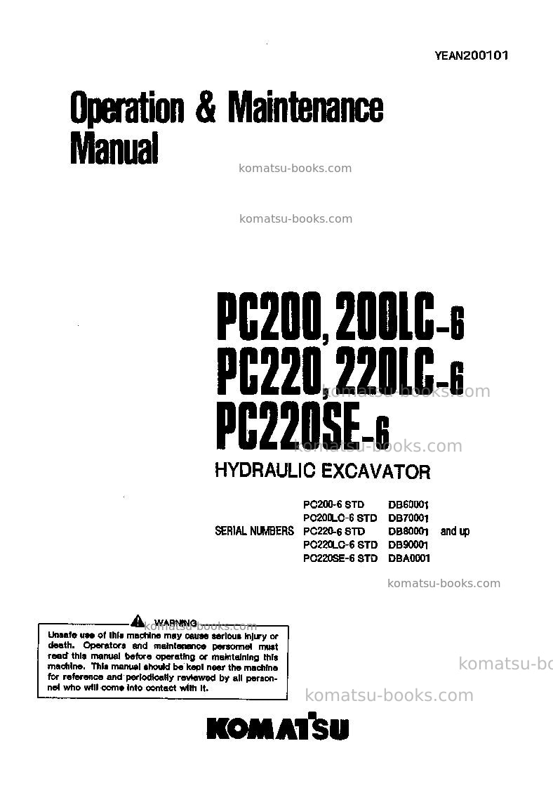 Komatsu pc200-6chn-a Operation manual cover