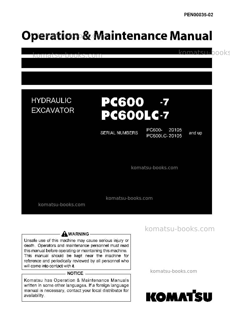 Komatsu pc600lc-7jpn Operation manual cover Komatsu pc600lc-7jpn Operation manual cover