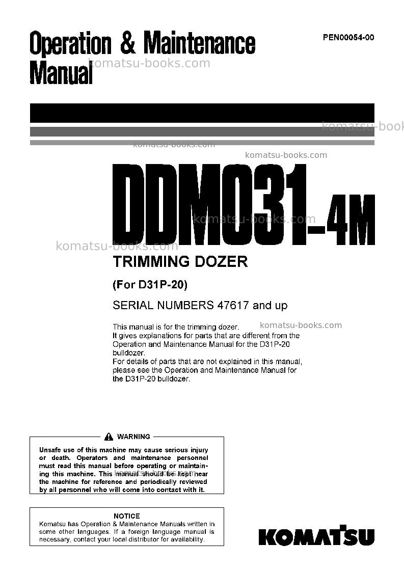 Komatsu d31p-20jpn-trimming dozer for cis Operation manual cover Komatsu d31p-20jpn-trimming dozer for cis Operation manual cover