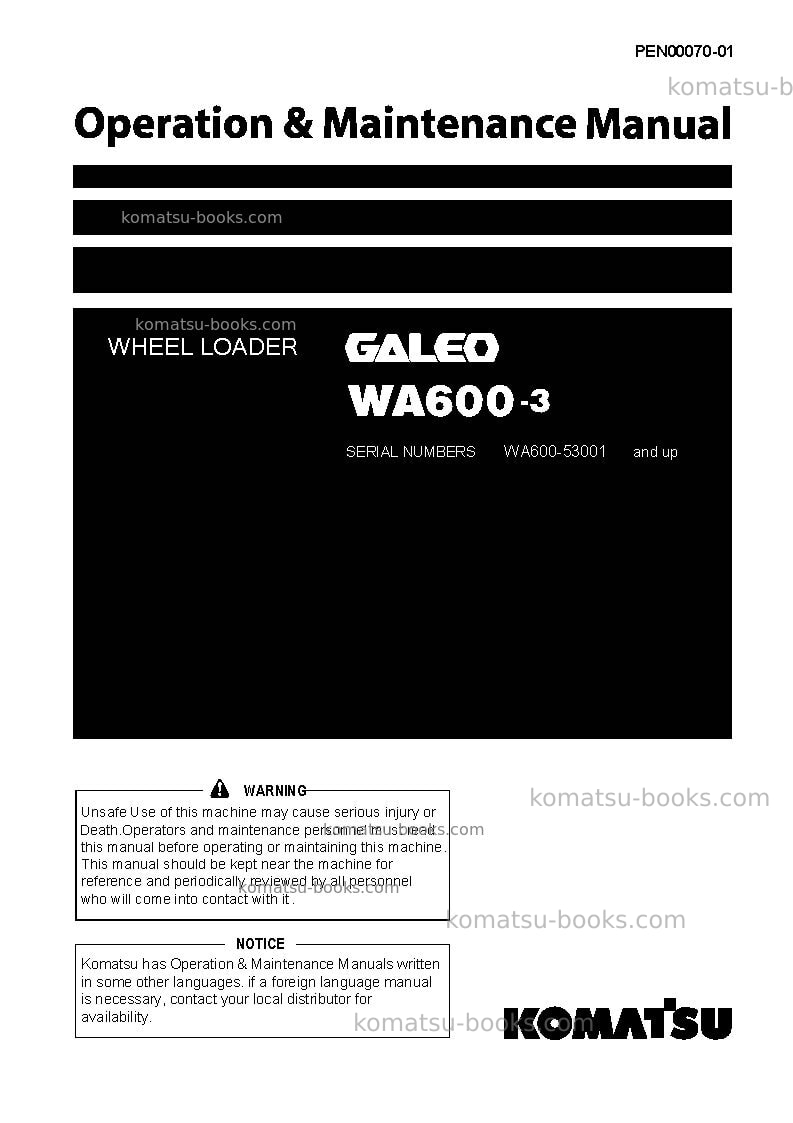 Komatsu wa600-3jpn-tbg Operation manual cover Komatsu wa600-3jpn-tbg Operation manual cover