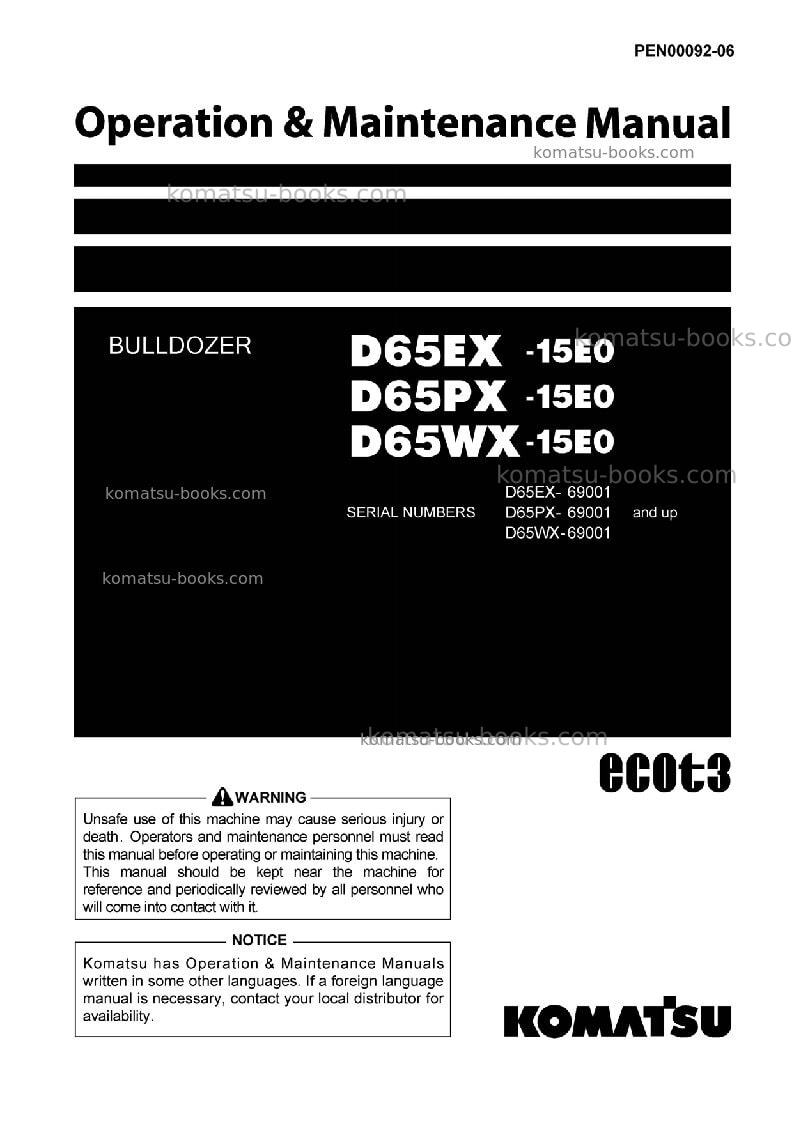 Komatsu d65px-15jpn-tier3 Operation manual cover Komatsu d65px-15jpn-tier3 Operation manual cover