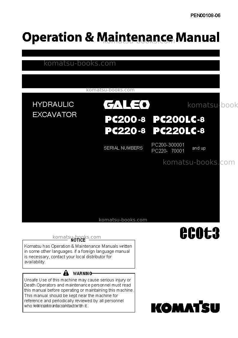 Komatsu pc220-8jpn-work equipment grease 500h Operation manual cover Komatsu pc220-8jpn-work equipment grease 500h Operation manual cover