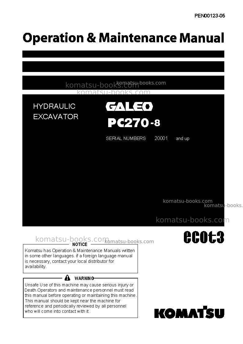 Komatsu pc270-8jpn-work equipment grease 500h Operation manual cover Komatsu pc270-8jpn-work equipment grease 500h Operation manual cover