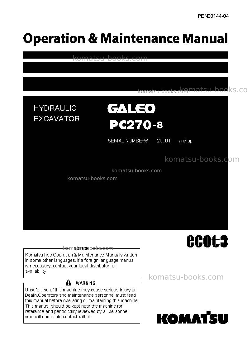 Komatsu pc270-8jpn-work equipment grease 100h Operation manual cover