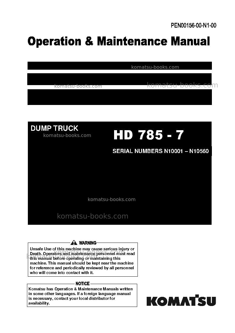 Komatsu hd785-7ind-50c degree m/c spec Operation manual cover Komatsu hd785-7ind-50c degree m/c spec Operation manual cover