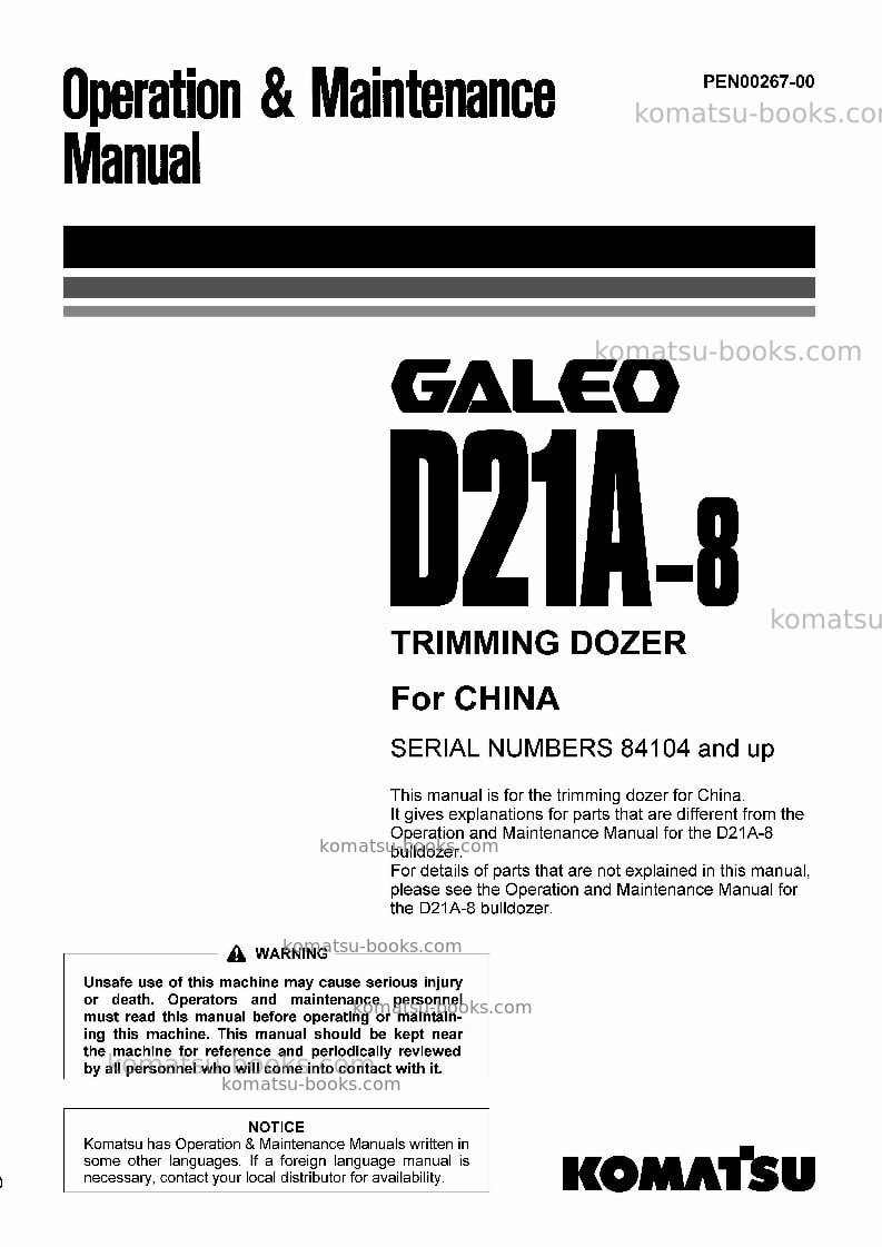 Komatsu d21a-8jpn-trimming dozer, for china Operation manual cover