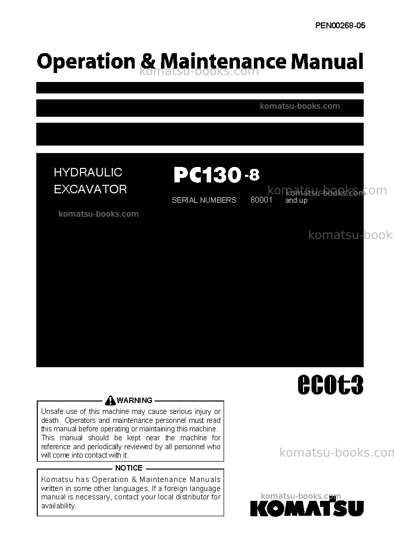 Komatsu pc130-8jpn Operation manual cover
