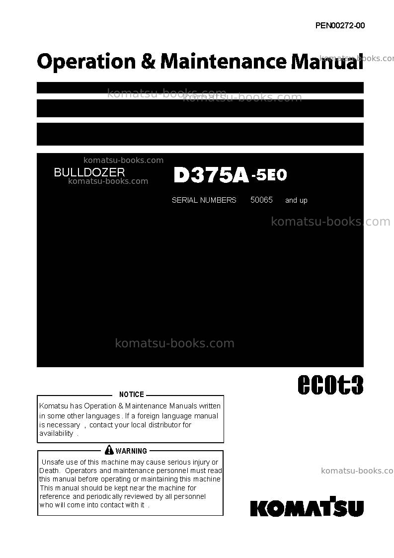 Komatsu d375a-5jpn-tier3, one-way steering lever Operation manual cover