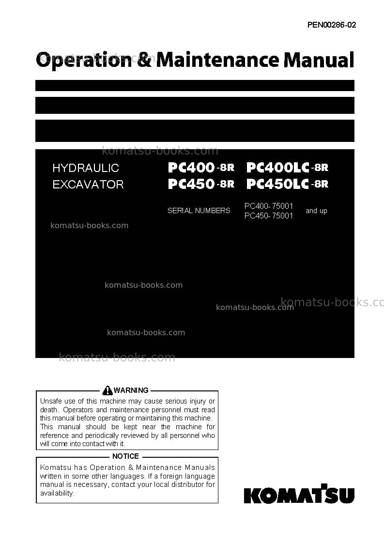 Komatsu pc400-8jpn-w/o egr, work equipment grease 500h Operation manual cover Komatsu pc400-8jpn-w/o egr, work equipment grease 500h Operation manual cover