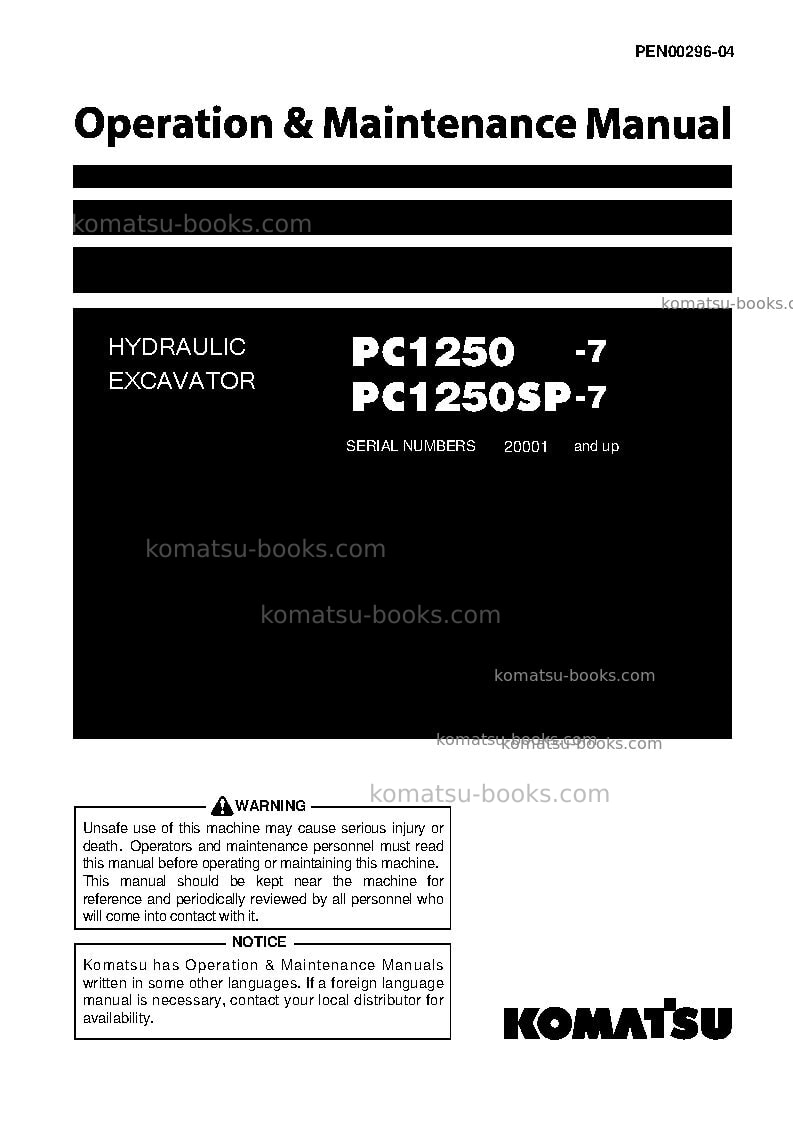Komatsu pc1250-7jpn Operation manual cover Komatsu pc1250-7jpn Operation manual cover