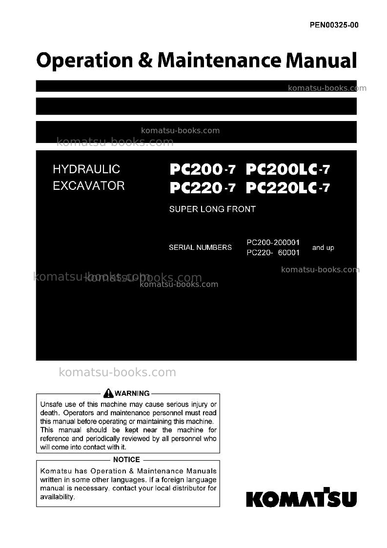 Komatsu pc200-7jpn-super long front Operation manual cover Komatsu pc200-7jpn-super long front Operation manual cover