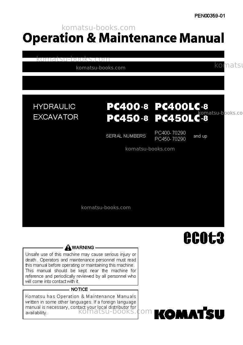 Komatsu pc400lc-8jpn-work equipment grease 500h Operation manual cover