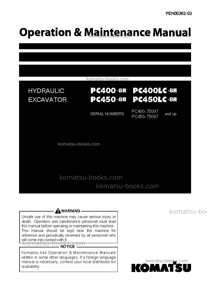 Komatsu pc400-8jpn-r, work equipment grease 100h Operation manual cover Komatsu pc400-8jpn-r, work equipment grease 100h Operation manual cover