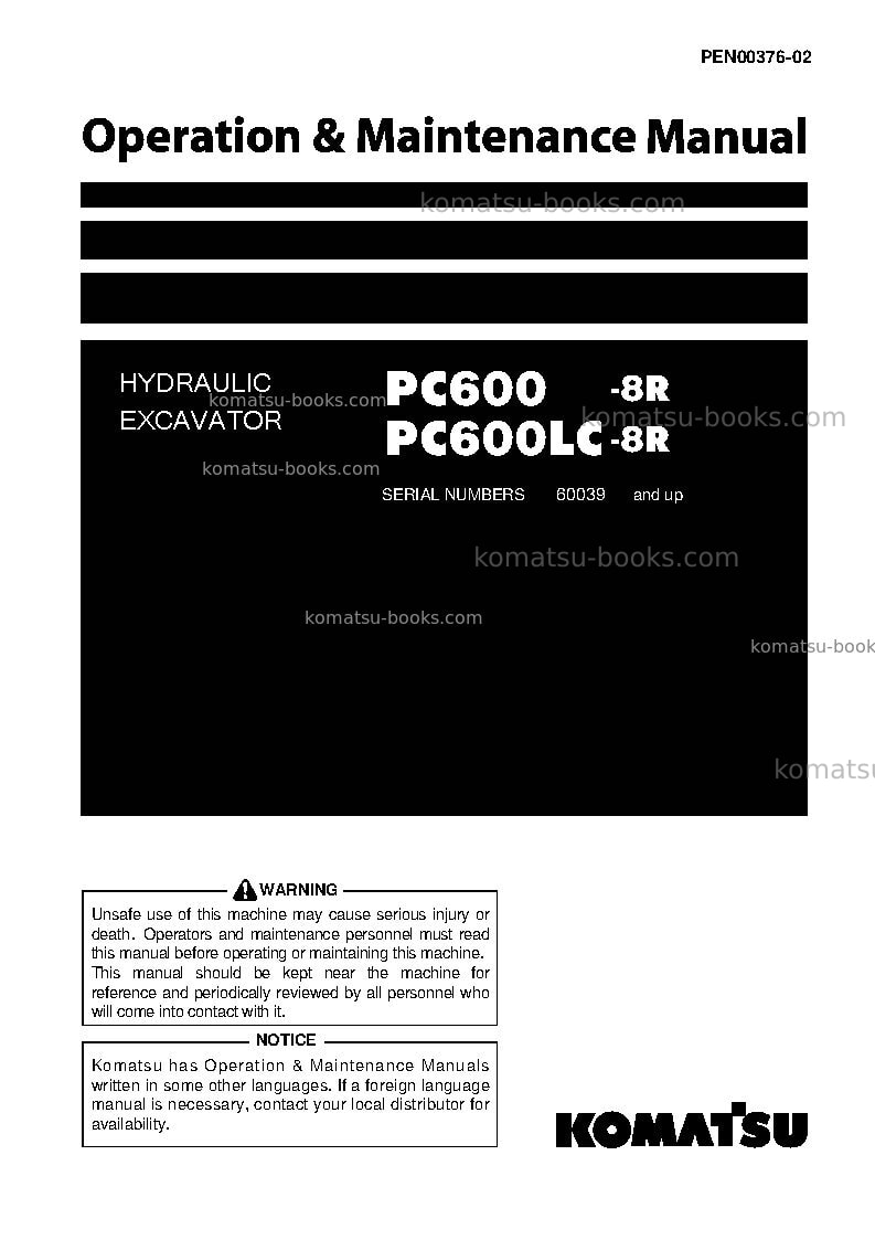Komatsu pc600lc-8jpn-w/o egr Operation manual cover Komatsu pc600lc-8jpn-w/o egr Operation manual cover