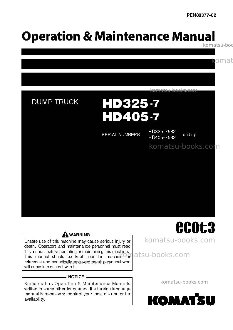 Komatsu hd405-7jpn Operation manual cover Komatsu hd405-7jpn Operation manual cover