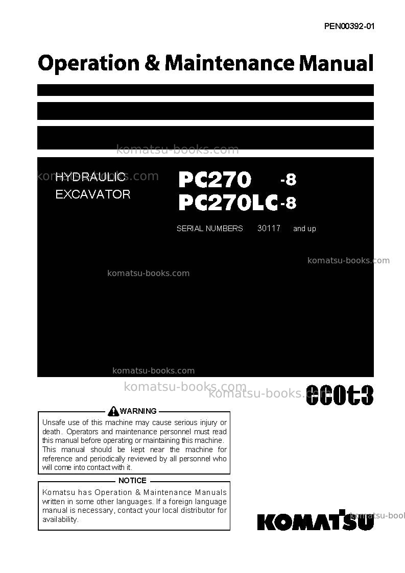 Komatsu pc270lc-8jpn-work equipment grease 100h Operation manual cover Komatsu pc270lc-8jpn-work equipment grease 100h Operation manual cover