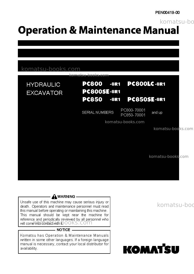 Komatsu pc800lc-8jpn-r1 Operation manual cover